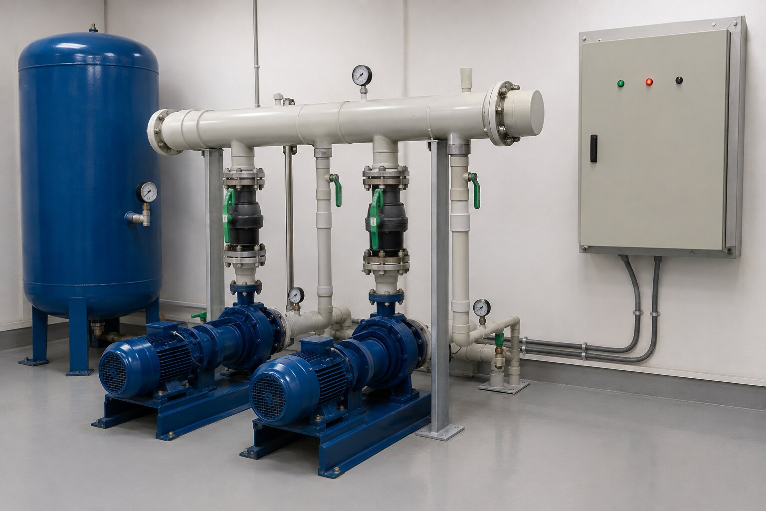 Sala técnica con bombas de agua potable, estanque de presión y tablero de control